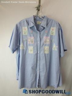 TanTrums Women's Vintage Blue Floral Embroidered Button-Up Shirt SZ 26/28