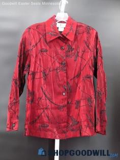 VTG N Touch Women's Crimson Shimmer Black Splatter Button Blouse Custom Size