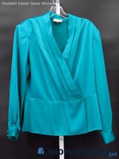 Vintage Nolan Miller Women's Turquoise Satin Faux Wrap Blouse Size 14