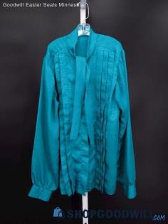 Vintage Women's Teal Blue Pleated Long Sleeve Blouse SZ S