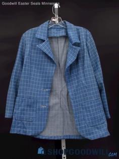 Vintage Women's Robin's Egg Blue Windowpane Patterned Blazer Custom Size