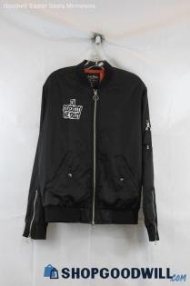 Hibernation Mens Black Iron Patch Satin Bomber Jacket Sz S