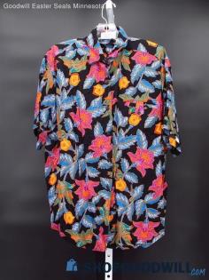 VTG Jaspe Women's Black/Multicolor Floral Bird Patterned Button Blouse Size L