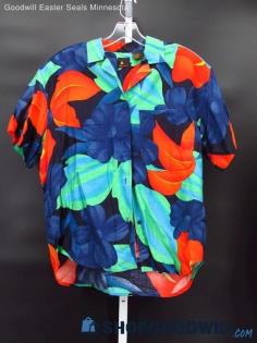 Vintage LizSport Women's Blue/Orange Floral Pattern Button Up Shirt Size L