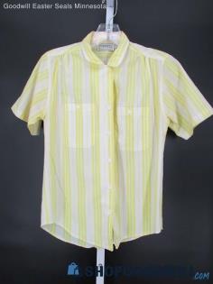 Pyramid Women's Vintage Yellow/White Striped Short Sleeve Button-Up Shirt SZ S