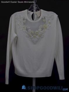 Vintage Maurada Women's Ivory Illusion Pearl Sequin Mesh Sweater Size M