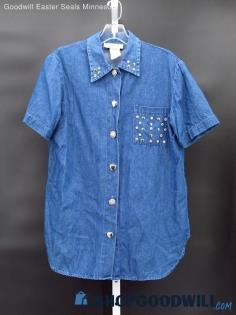 Vintage Bedford Fair Women's Blue Chambray Blouse+Silver Accents Size Small Tall