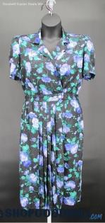 Petites For Maggy Women's Vtg Black/Blue Floral Print A-line Dress SZ 10