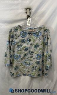 Chico's Women's Gray/Blue Floral Boat Neck Cropped Sleeve T-Shirt - Sz L