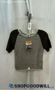 Route 66 Women's VTG Gray/Brown Ribbed Knit Short Sleeve Sweater - Sz S