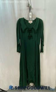 Bailey Marie Women's Emerald Green Long Sleeve Embroidered Neck Maxi Dress Sz M