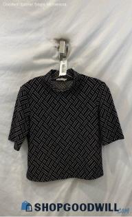 Zara Women's Black/White Striped Pattern Mock Neck Short Sleeve Crop Top - Sz M