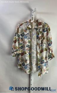 Chico's Women's Multicolor 100% Linen Stamp Mail Graphic Button Up - Sz M