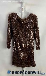 Loft Women's Brown Long Sleeve Sequin Dress - Sz P2