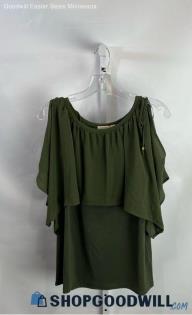 Michael Kors Women's Army Green Textured Kaftan Cold Shoulder Layered Top - Sz L