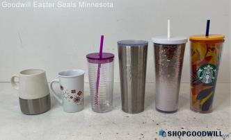 Lot of 6 Starbucks Mugs Cups Tumblers Sequins, Orange Tropical, Red Holiday+