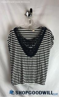 Chico's Women's Black/White Striped Lace Scoop Neck T-shirt - Sz M