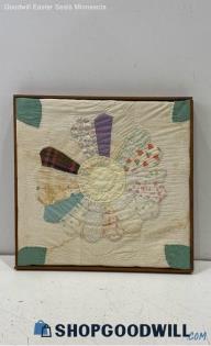 Vintage Hand Crafted Daisy Pattern Quilted Square in Wooden Frame Unsigned