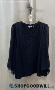 Chico's Women's Navy Chiffon Sheer Pleated Sleeve V Neck Top - Sz XL