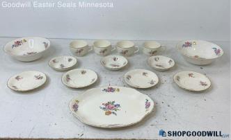 14pc Homer Laughlin Cream Floral Gold Rim Bowls Cups+ Dinnerware