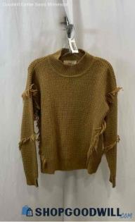 Michael Kors Women's Camel Brown Fringe Trim Mock Neck Sweater - Sz S