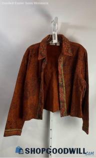 Chico's Women's Brown Orange Embroidered Open Lightweight Jacket - Sz L