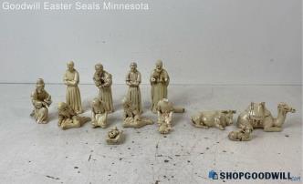 Lot of 13 Cream Brown Ceramic Like Nativity Figurines Set