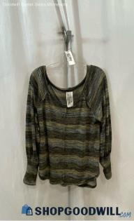 Free People Women's Beige/Gray Striped Lightweight Scoop Neck Long Sleeve - Sz S