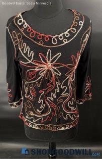 Lauren Michelle Women's Black 3/4 Sleeve shirt with Ribbon embroidery - Sz M