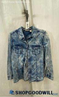 Chico's Women's Light Blue Acid Washed Button Up Chambray Fashion Jacket - Sz S