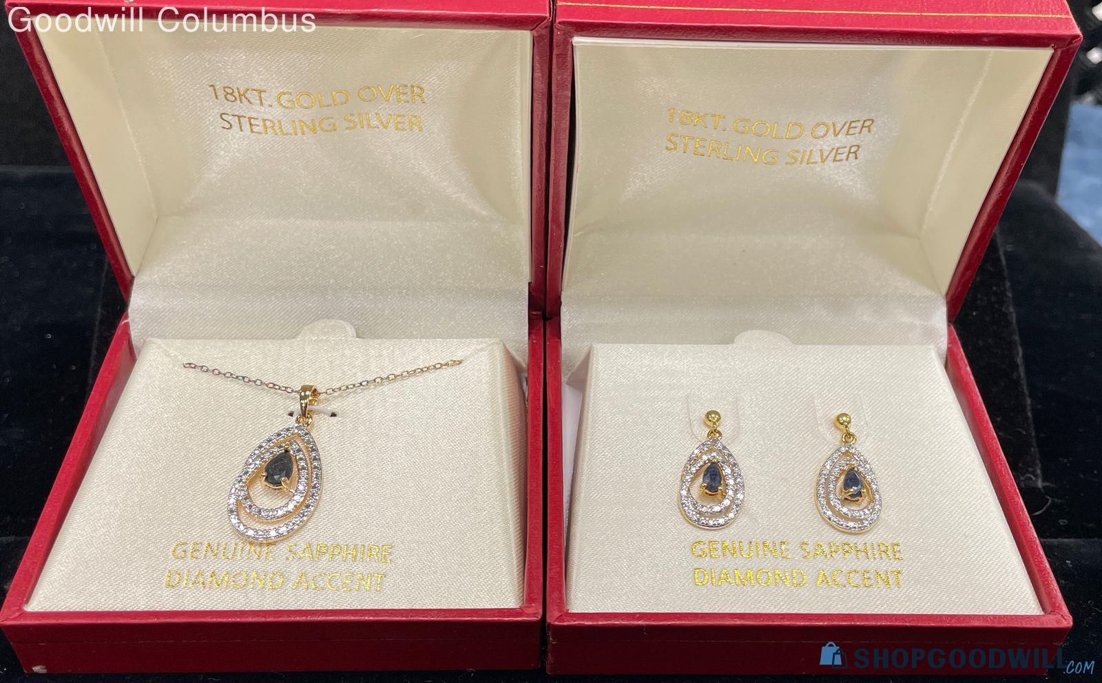 Genuine Sapphire Diamond Accent Necklace/earrings Set Nib ...