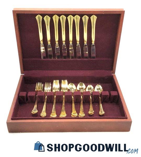 35pc Cambridge Tracy Gold Electroplate Stainless Steel Flatware Set ...