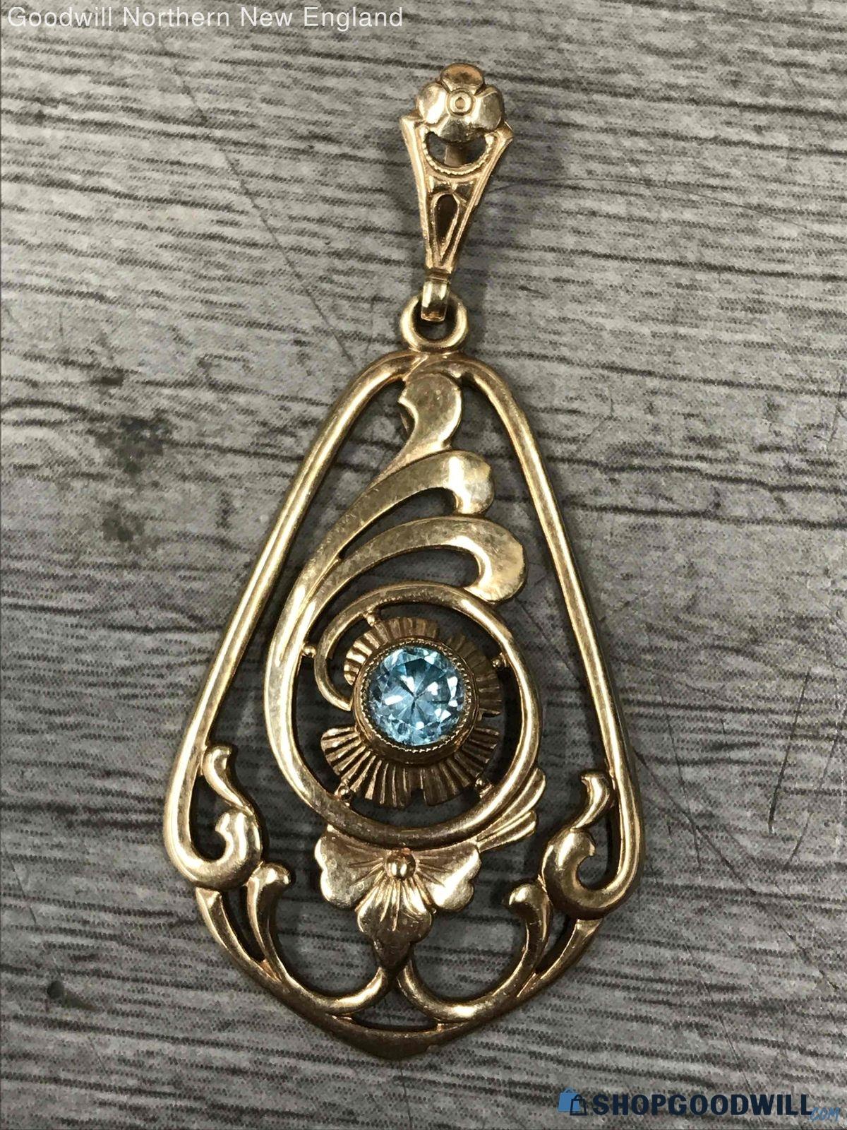 Vintage 10K Yellow Gold Blue Topaz Gemstone Pendant 1 3/4