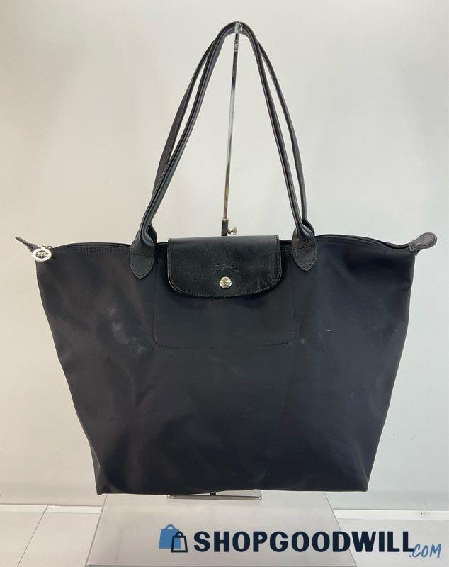 Longchamp Black Fabric Leather Foldable Tote Handbag | ShopGoodwill.com