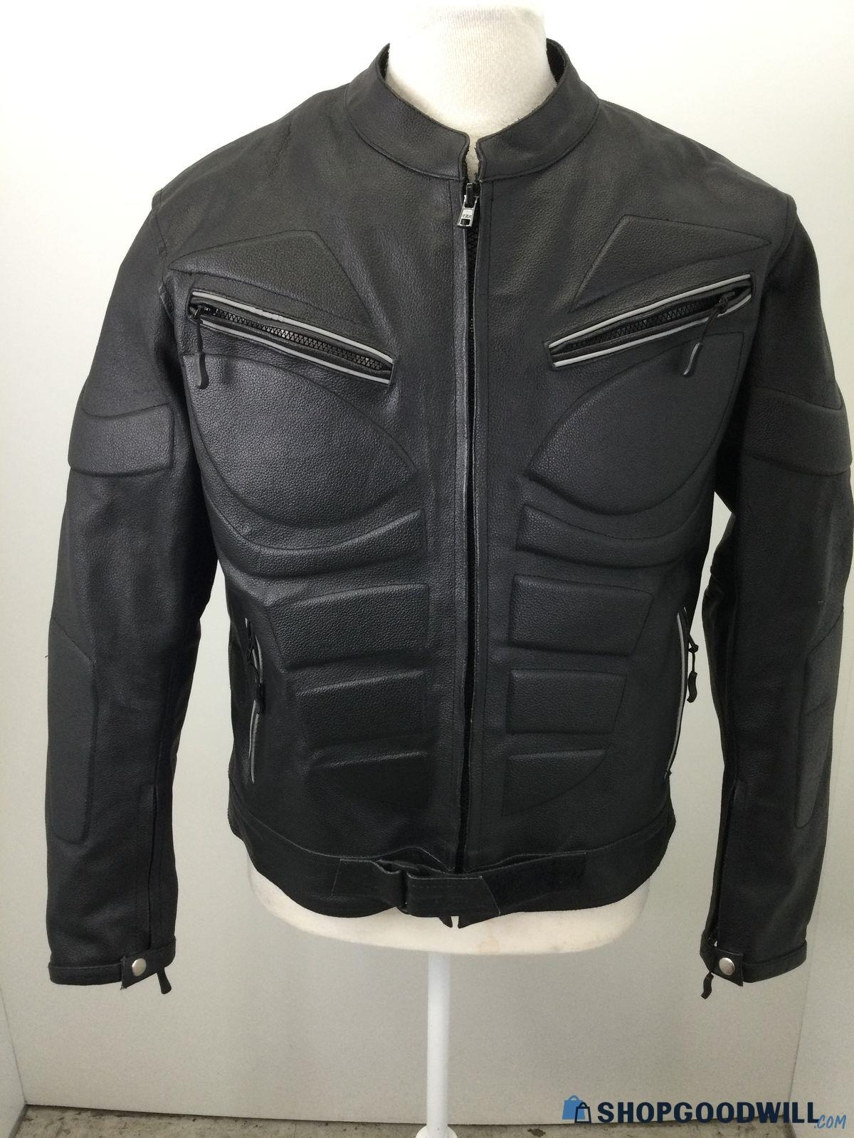 Real Leather Black Leather Zip-Up Motorcycle Jacket Size L ...