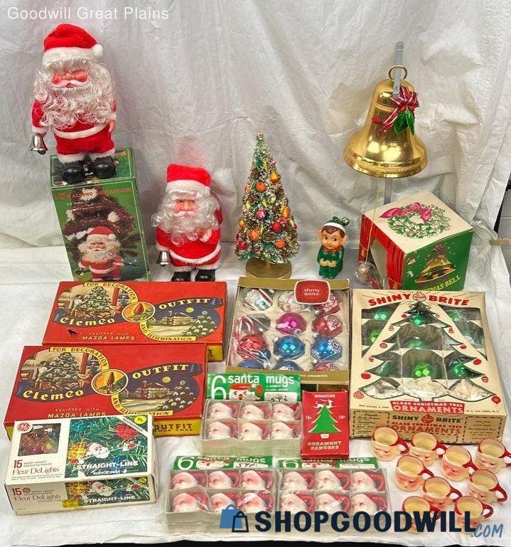 Big Lot Of Vintage Christmas Decorations, Santa Mini Mugs, Etc