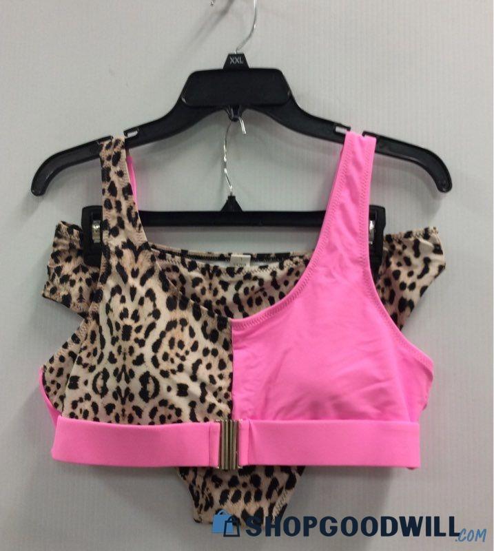 Womens Pink And Leopard Print 2 Piece Swimsuit Size Large