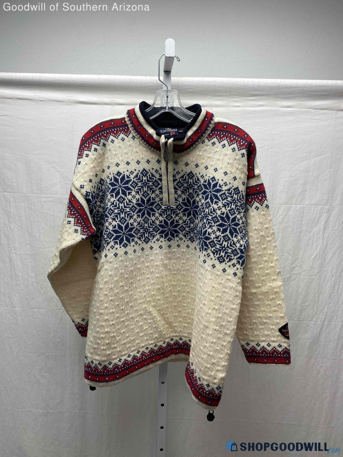 Skjaeveland Men's Ivory, Red & Blue Pure New Wool Sweater (No Size ...