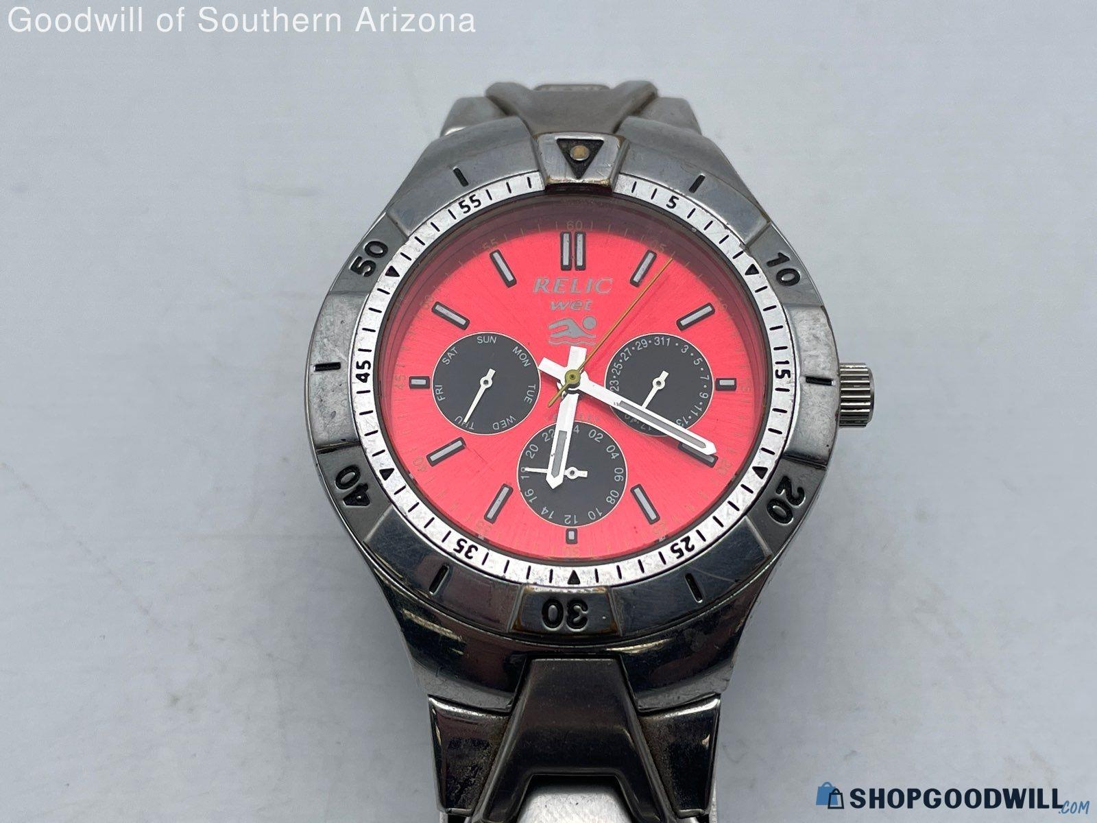 Relic Wet Zr-15364 Red Dial Silver Tone Chrono Watch | ShopGoodwill.com