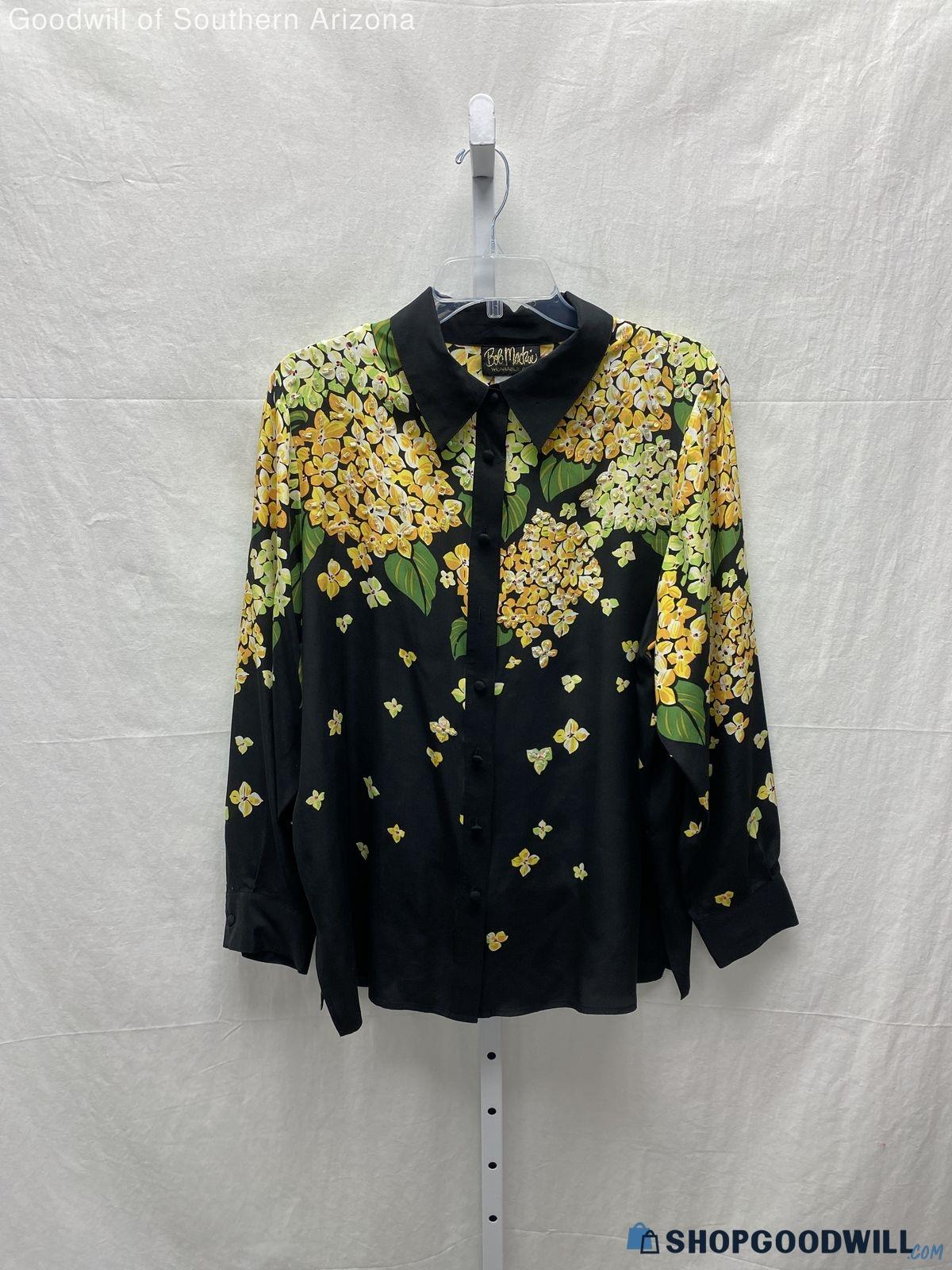 Bob Mackie Women's Black/Yellow/Green Floral Silk Long Slv Button Up ...