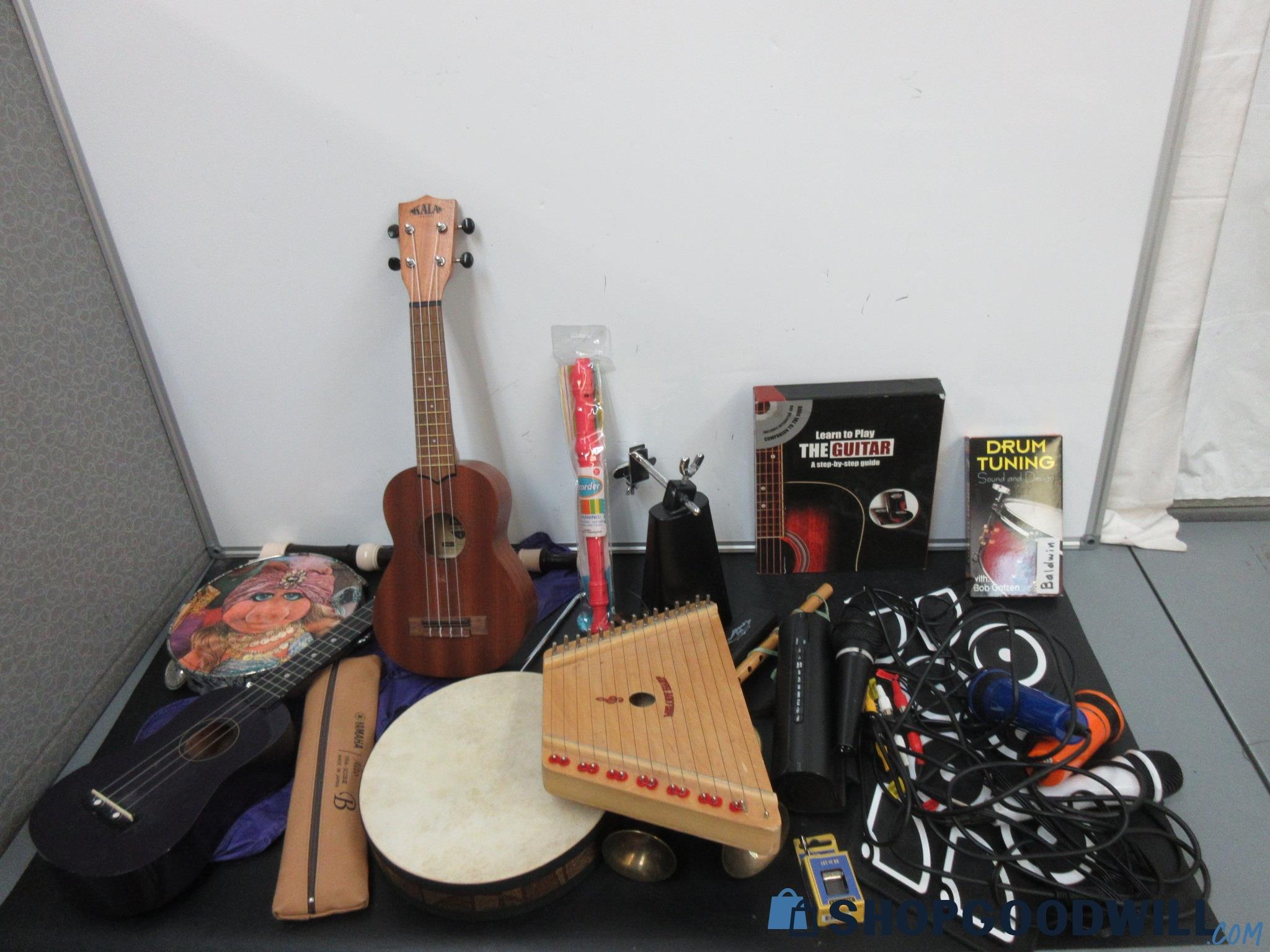 instruments-lot-ukulele-recorder-percussion-instruments