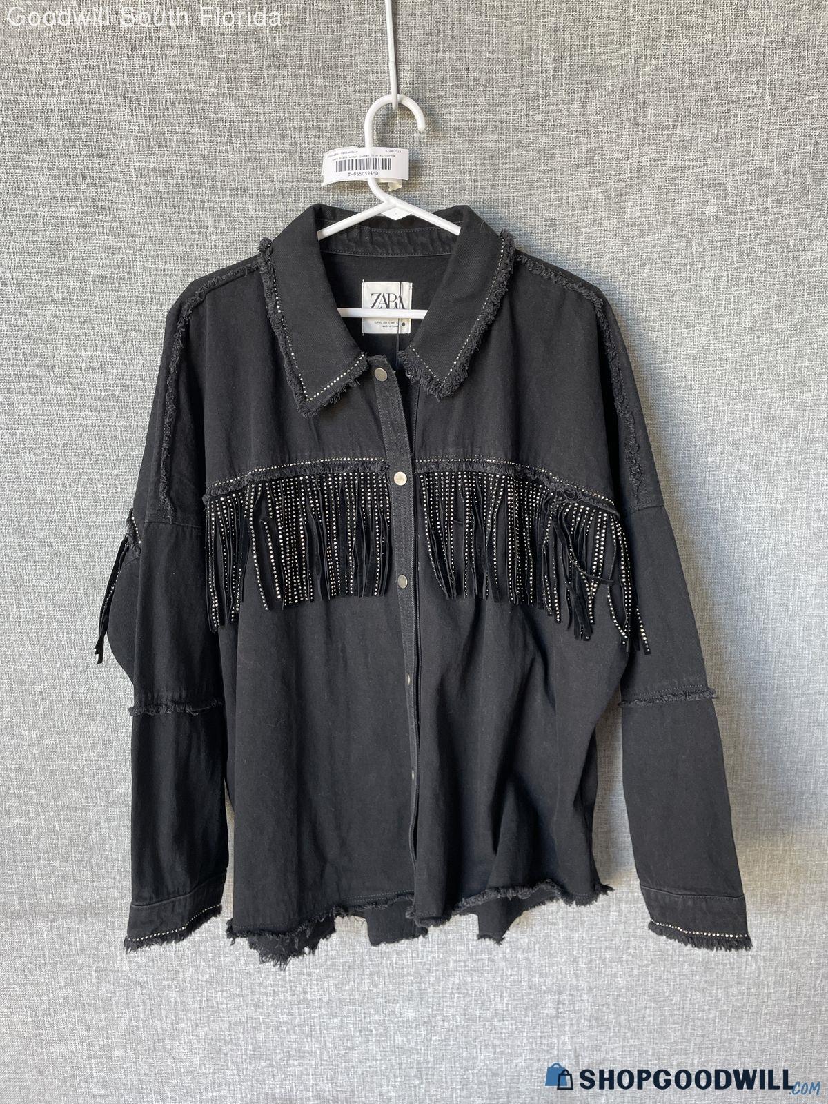 Zara Womens Black Cotton Fringe Western Shacket Button Front Jacket ...