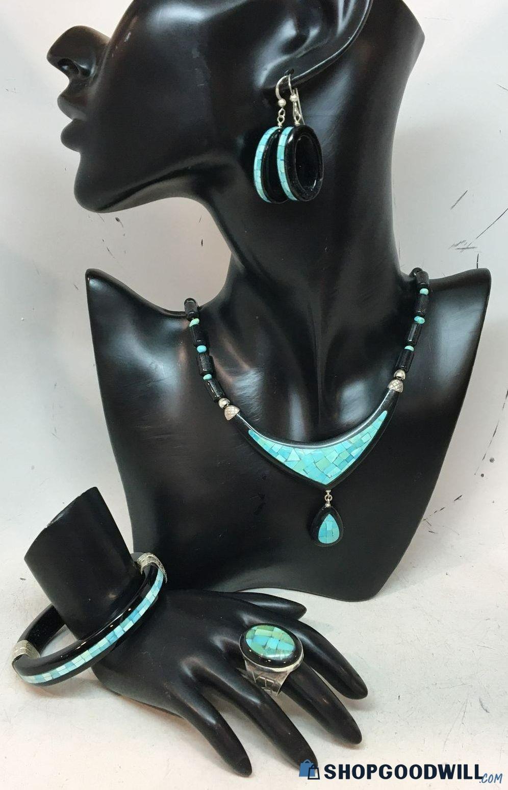 Pc Dtr Desert Rose Trading Turquoise Onyx Inlay Mosaic Jewelry Set
