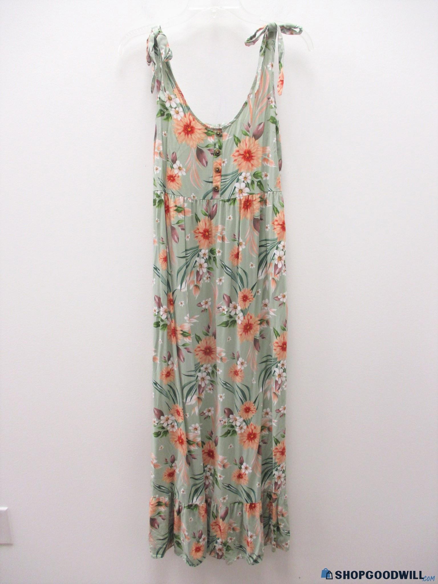 EUC NEVENA RAE Women's Green/Peach Floral Bow Strap Accent Summer Maxi ...