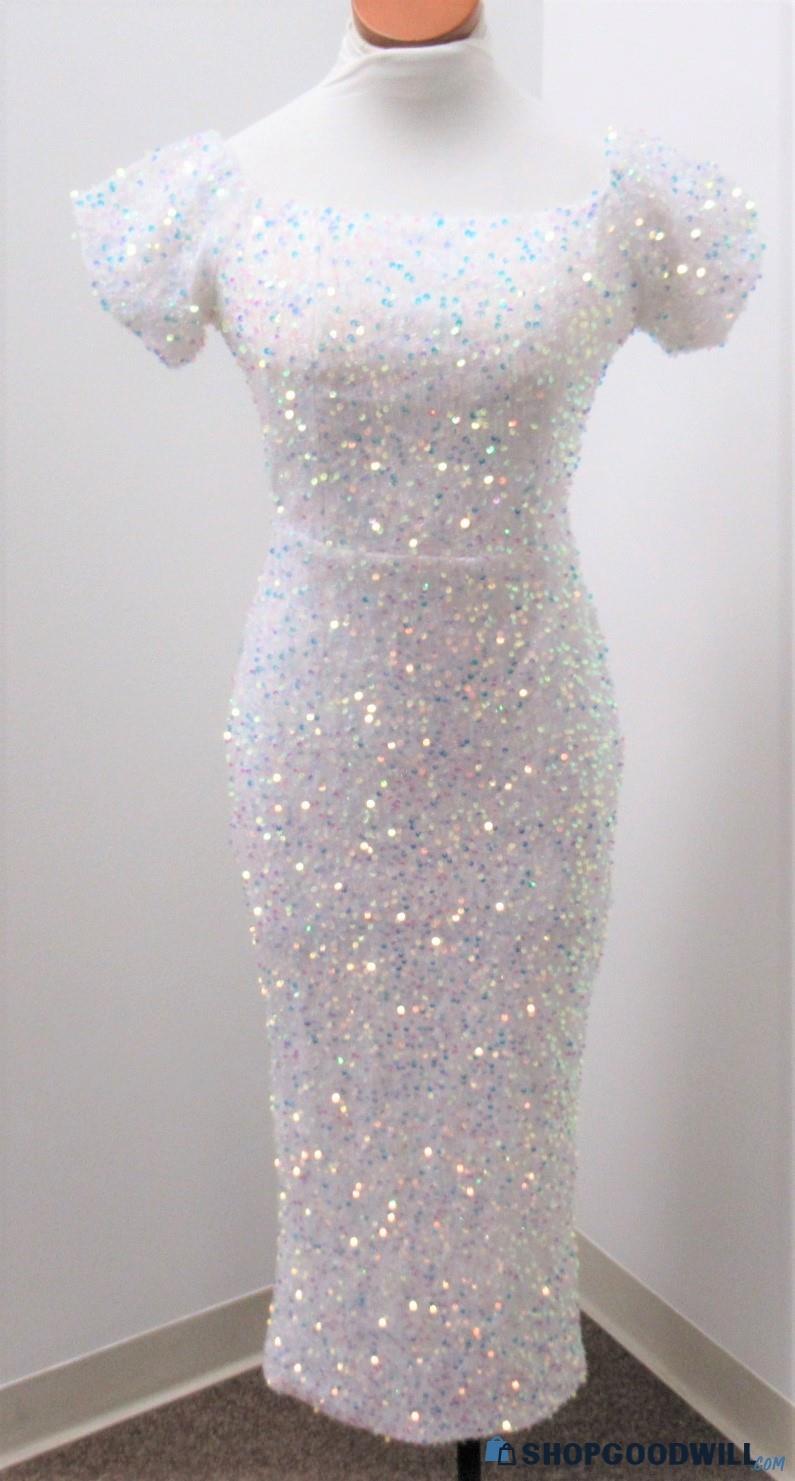 NEW MISS ORD Junior's White/Iridescent Sequined Balloon Sleeve Gown ...