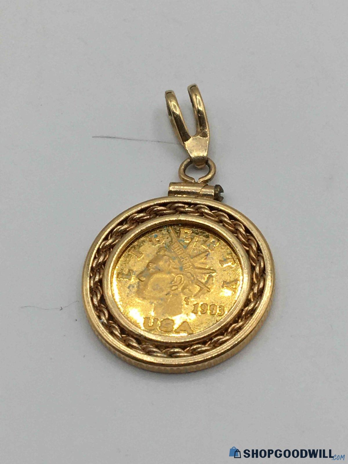 24K Gold 1993 Liberty Mini-Coin in 14K Pendant 3.45g - shopgoodwill.com