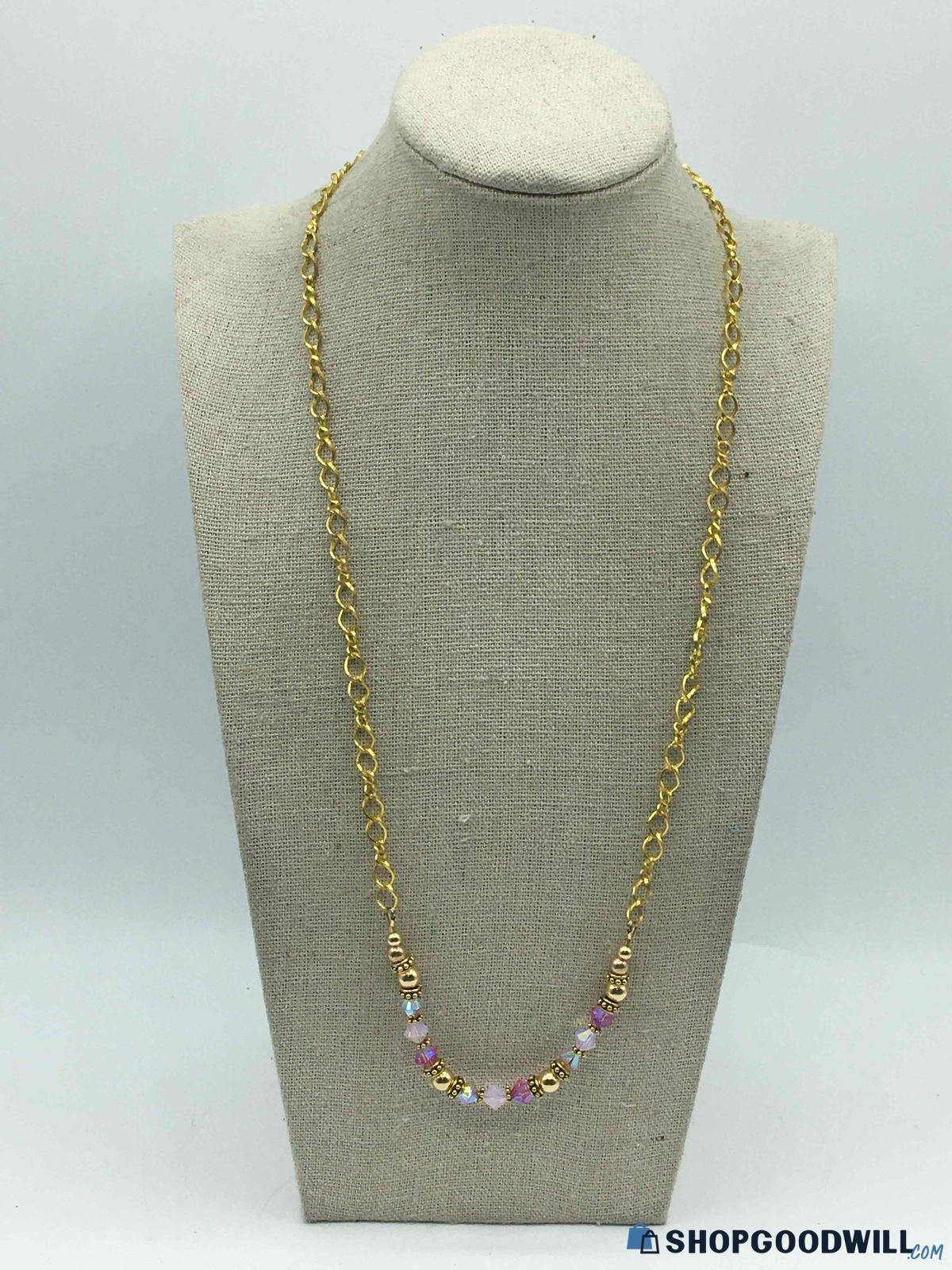 14k Gold Filled Pink Crystal Beaded Necklace - shopgoodwill.com