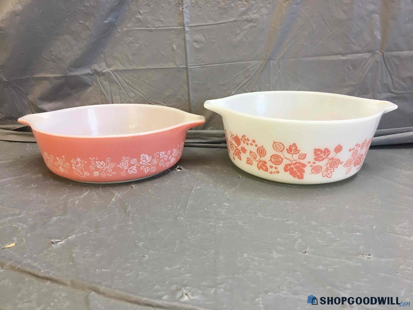 Pyrex Pink Gooseberry Pattern Round Casseroles, Lot of 2