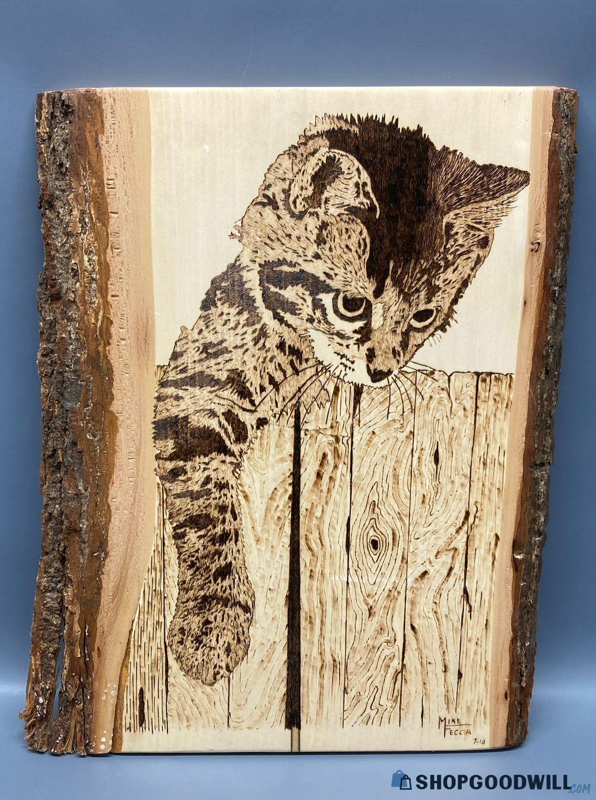 Kitty On Fence Wood Burned Carving On Wood Piece By Mike Fecca 2018, 13 ...