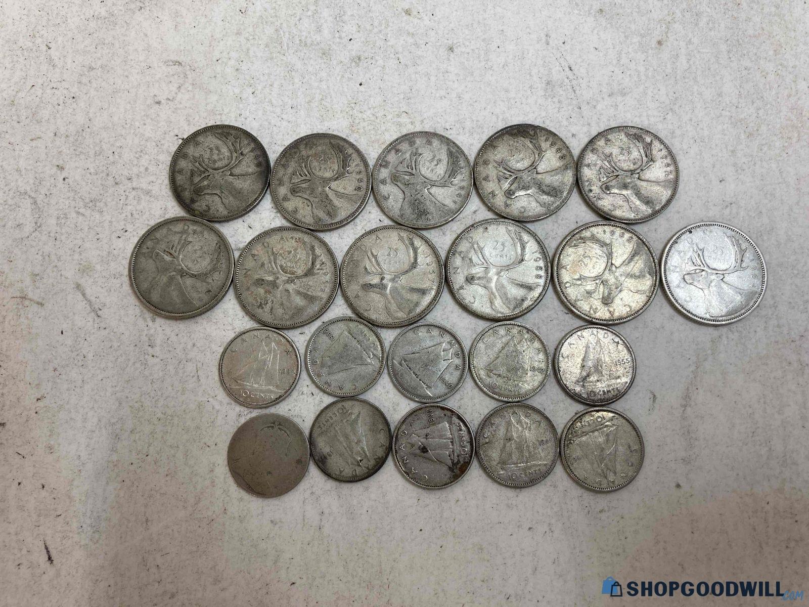 Canadian Silver Quarters & Dimes, Mixed Years, Lot of 21, Vintage ...